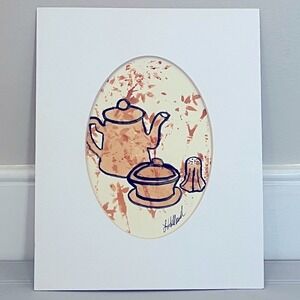 Original Watercolor Painting With Mat Tea Party NWOT Signed By Artist